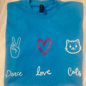 Handmade Women's Peace love cat blue short sleeve t-shirt